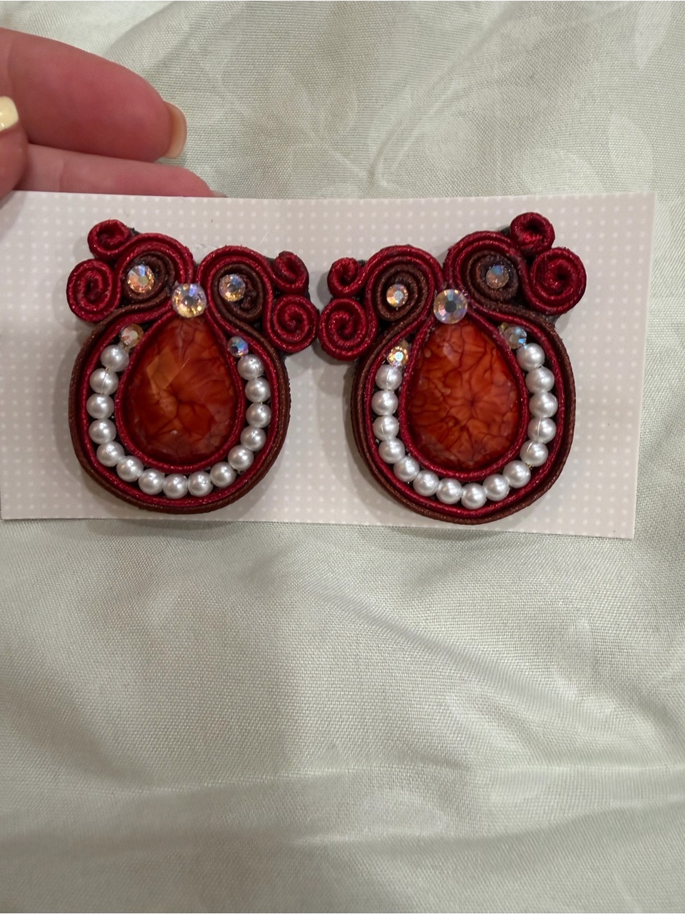 Red Teardrop Pearl Accent Statement Earrings